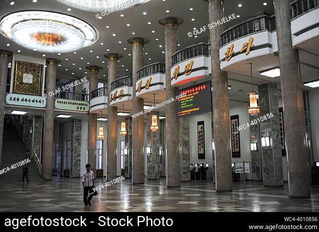 Pyongyang, North Korea, Asia - Interior view of the Main hall at the Grand People's Study House with marble, columns and chandeliers