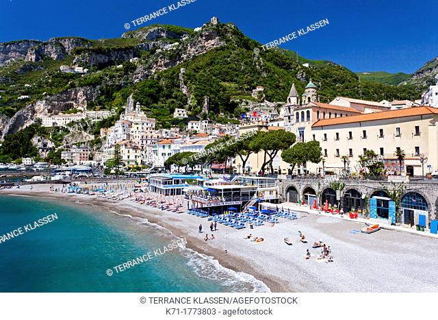 The swimming beach in the town of Amalfi on the Gulf of Salerno in southern Italy