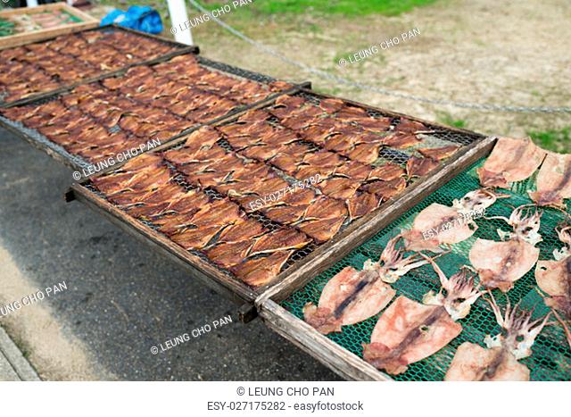 Drying squid and fish in market