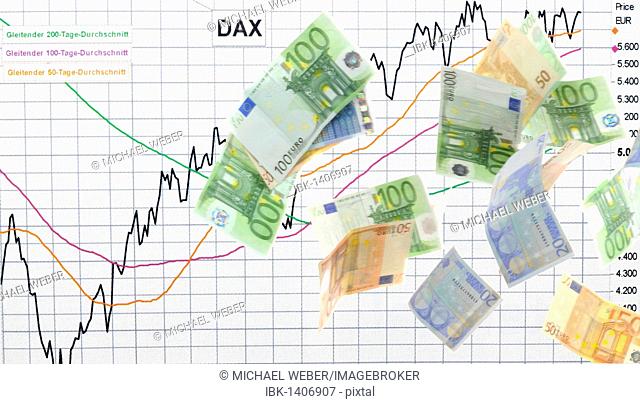 Rising stock index DAX, shower of money, symbolic image for a bull market in stocks, stock profits