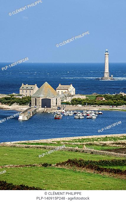 Lighthouse and lifeboat station in the Goury port near Auderville at the Cap de La Hague, Cotentin peninsula, Lower Normandy, France