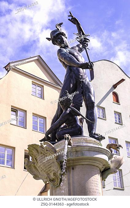 Augsburg, Bavaria, Germany - The Fountain of Mercury on Maximilian Street. Augsburg, Bayern, Deutschland - Der Merkurbrunnen auf der Maximilianstrasse