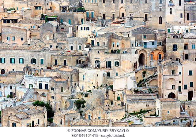 Ancient Unesco heritage old town of Matera (Sassi di Matera), Basilicata, southern Italy. Prehistoric cave dwellings, European Capital of Culture 2019