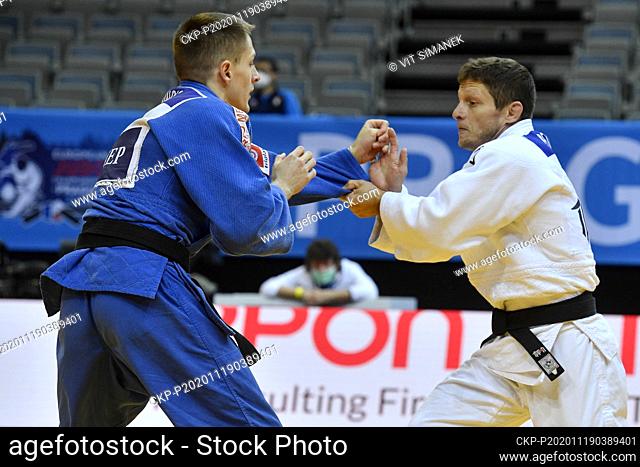 Czech judoka Pavel Petrikov (right) competes during the men's under 66kg match against Strahnija Buncic of Serbia during the European Judo Championship in...