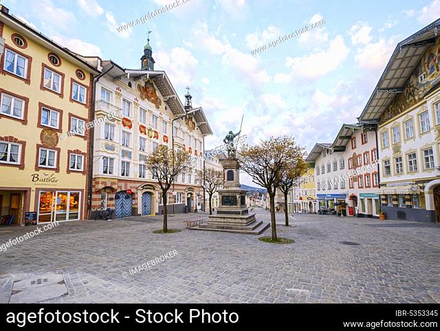 Empty market street with winegrower monument, Bad Tölz, Isarwinkel, Upper Bavaria, Bavaria, Germany, Europe