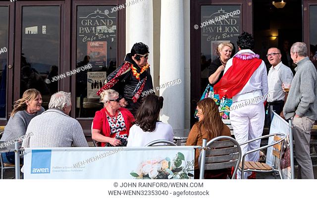 Elvis fans and tribute performers attend the 2017 Porthcawl Elvis Festival. The performers sing in the Best Festival Elvis Competition and perform showcases in...