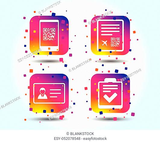 QR scan code in smartphone icon. Boarding pass flight sign. ID card badge symbol. Check or tick sign. Colour gradient square buttons