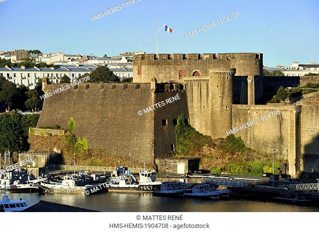 France, Finistere, Brest, the castle (naval museum) dominates the Penfeld and warships in the Arsenal