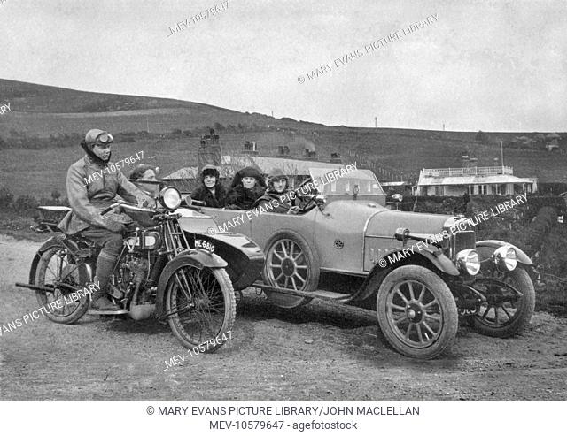 People on an outing by car and motorbike in the countryside near Osmington Mills, Dorset
