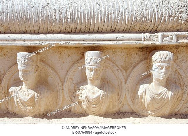 Bas-relief on a sarcophagus, ancient city of Palmyra, Palmyra District, Homs Governorate, Syria