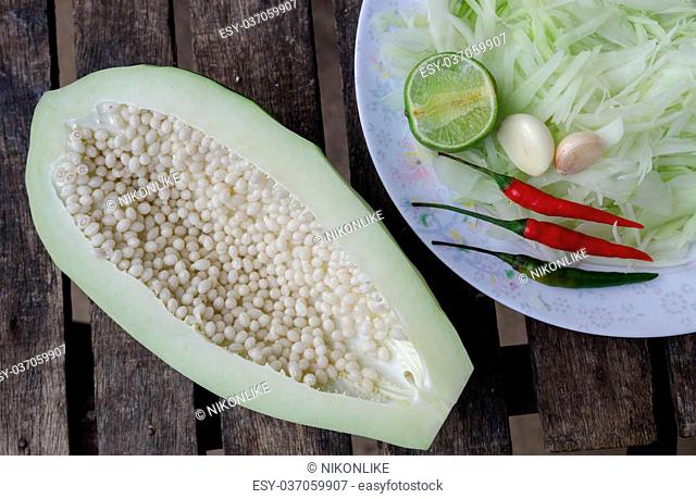 Local authentic cuisine of southeast asia: ingredients set of papaya salad or Som Tum in Thai name. Popular food of Thailand