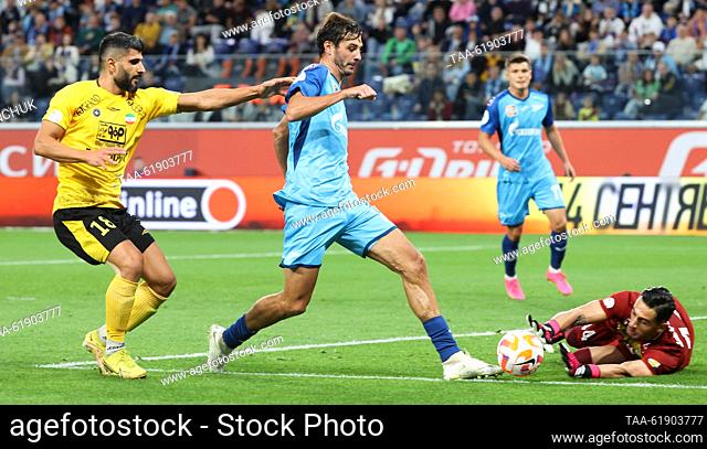 RUSSIA, ST PETERSBURG - SEPTEMBER 7, 2023: Sepahan Isfahan's Milad Zakipour (L) and Zenit St Petersburg's Alexander Yerokhin (C) and Sepahan Isfahan's...