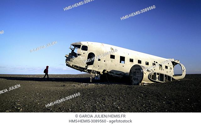 Iceland, Solheimasandur, US Navy DC plane wreckage, it crashed on a black sand beach in 1973