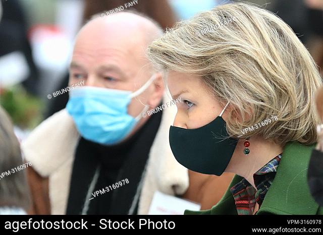 Queen Mathilde of Belgium pictured during a Christmas activity organised by Caritas Secours and several local associations for the victims of the July floods