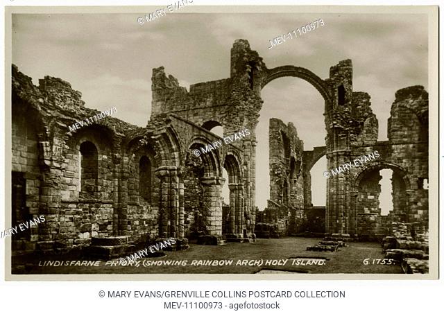 The Priory ruins (including the Rainbow Arch) on the Holy Island of Lindisfarne, Northumberland, England - a tidal island off the northeast coast of England...