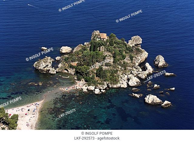 Aerial shot of Isola Bella, Taormina, Sicily, Italy