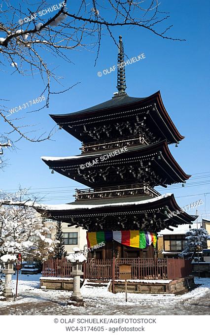Takayama, Gifu, Japan, Asia - The three-storey wooden pagoda at the Hida Kokubun-ji Temple