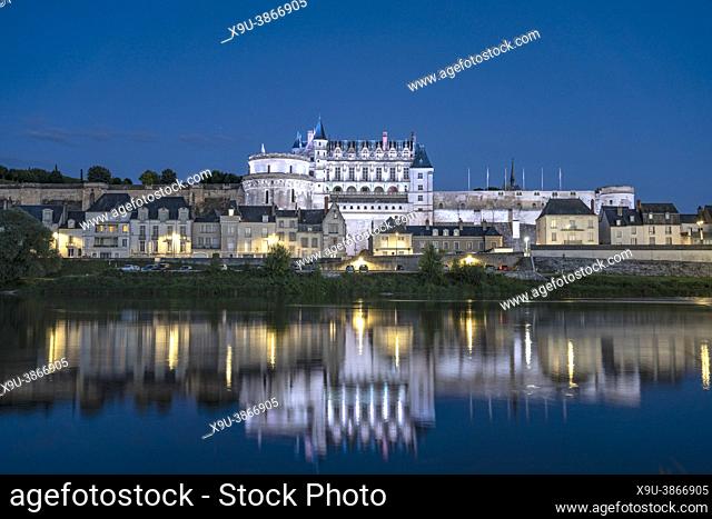 The Château d'Amboise and the river Loire at dusk, Amboise, Loire Valley, France