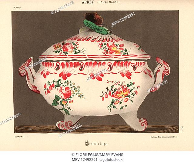 Soup dish or soupiere with lid from Aprey, Haute-Marne, France, decorated with flowers and foliage. Hand-finished chromolithograph from Ris Paquot's General...