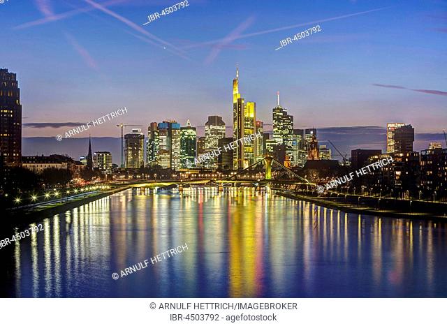 Skyline Financial District, dusk, Frankfurt on the Main, Hesse, Germany