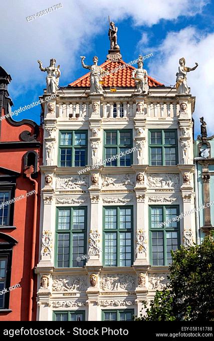 The facade of the restored Gdansk patrician house in the Long Market. Pomerania, Poland