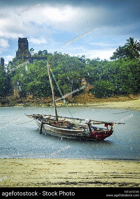 Zanzibar. In the rain . Old fishing dhow, moored at the beach and ready to go to sea