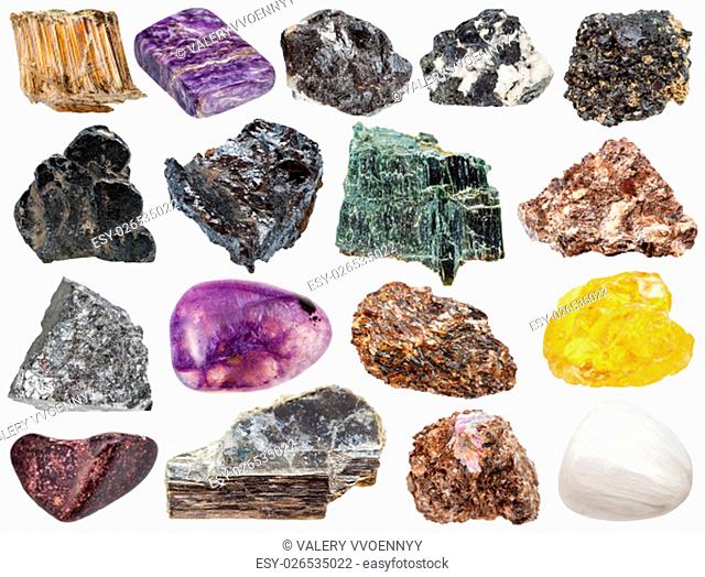 set of various natural mineral stones - sphene, muscovite, stibnite, antimonite, asbestos, chrysotile, amosite, ilmenorutile, rutile, ilmenite, sphalerite