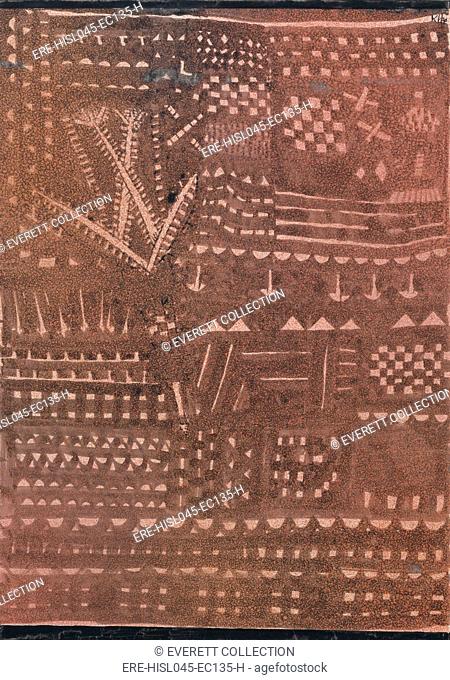 IN THE MANNER OF LEATHER TAPESTRY, by Paul Klee, 1925, Swiss drawing, ink and tempera on paper. Painting splattered red and brown wash