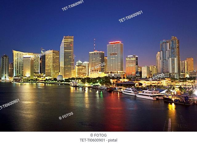 Miami city skyline at night, Dade County, Florida, United States