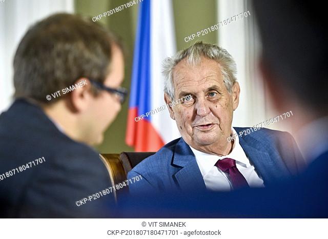 Czech President Milos Zeman (center) speaks during an interview for the Czech News Agency (CTK) in Prague, Czech Republic, on July 18, 2018