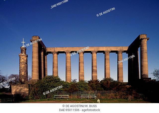 The National Monument of Scotland and, left, the monument to Horatio Nelson, Calton Hill (UNESCO World Heritage List, 1995), Edinburgh, Scotland, United Kingdom