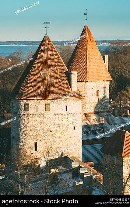 Tallinn, Estonia. Part Of Tallinn City Wall. Nun's Tower Nunnatorn, Sauna Tower Saunatorn, Golden Leg Tower Kuldjala Torn. Old Walls of Tallinn