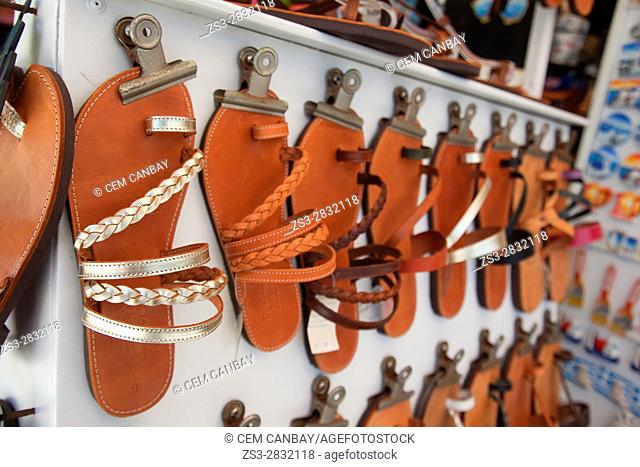 Sandals made from leather at a shop in the old town Chora, Naxos, Cyclades Islands, Greek Islands, Greece, Europe