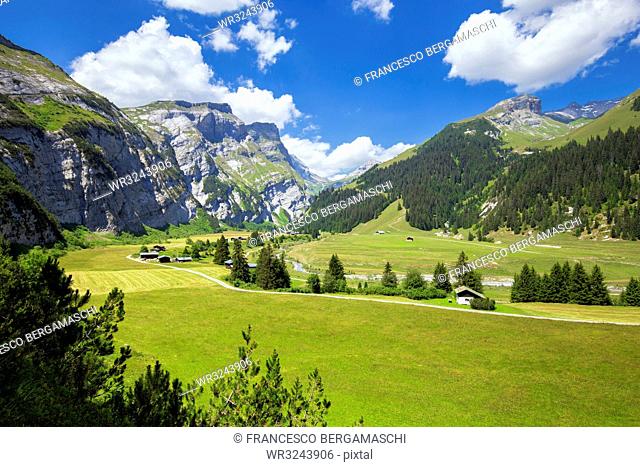 Elevated view of Val Bargis valley in the summer, Flims, District of Imboden, Canton of Grisons (Graubunden), Switzerland, Europe