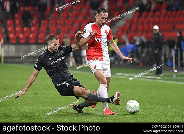 From left Marvin Friedrich of Union, Jan Kuchta of Slavia in action during the Football European Conference League, Group E