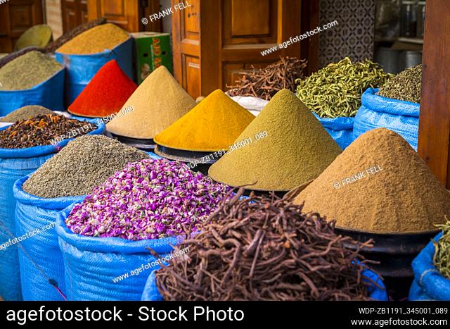 Bags of herbs and spices for sale in souk in the old quarter, Medina, Marrakesh, Morocco, North Africa, Africa