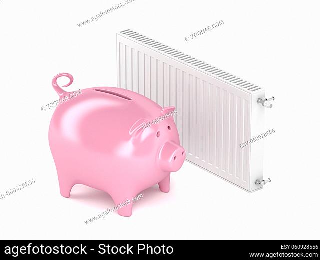 Piggy bank and heating radiator. Concept image for saving money on heating