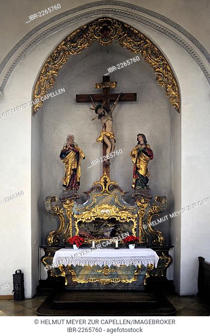 Interior view, the altar with a cruxifix and a reliquary casket in the parish church of St. John the Baptist, Pfaffenhofen, Upper Bavaria, Bavaria, Germany