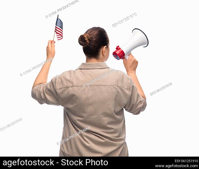 woman with megaphone and flag of united states
