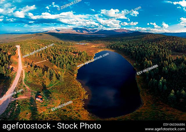 Aerial drone view of the lake of Kidelyu near the Ulagan mountain pass, Altai Republic, Russia