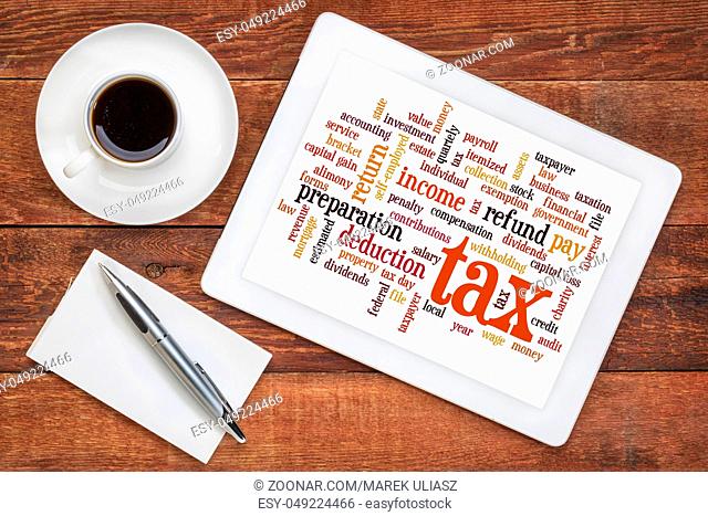 cloud of words related to taxes, preparation, paying, income, refunds on a digital tablet with a cup of coffee