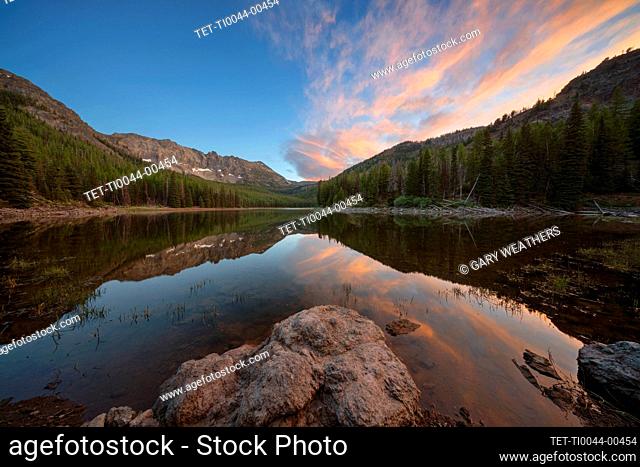 United States, Oregon, Strawberry Lake in mountains at sunset
