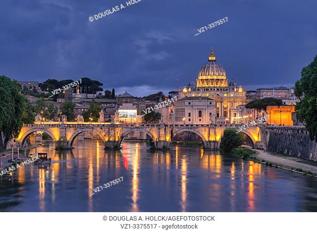 Ponte Sant'Angelo (Bridge of Angels) at Blue Hour with City Lights and Reflection Rome Italy World Location