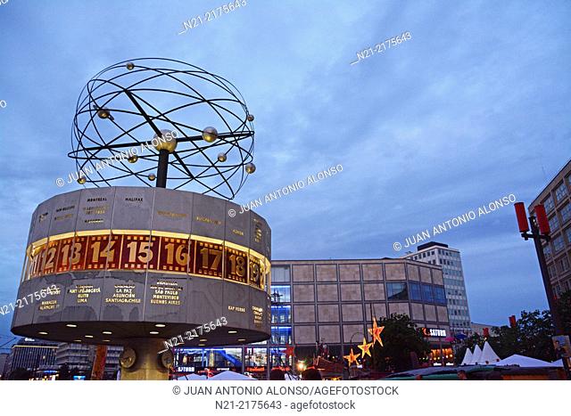 The World Clock 'Urania' designed by Erich John and erected in 1969. Alexanderplatz, East Berlin, Germany, Europe
