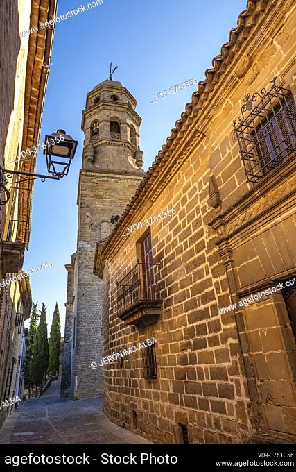 Cobbled streets at Catedral de la Natividad de Nuestra Señora. Renaissance style cathedral in Plaza Santa Maria. Baeza, Jaén province