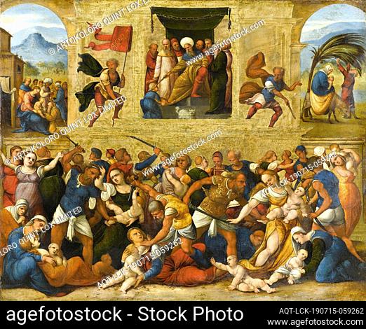 Massacre of the Innocents, The infanticide in Bethlehem. In front of a platform, under the watchful eye of King Herod, children are killed by soldiers on his...
