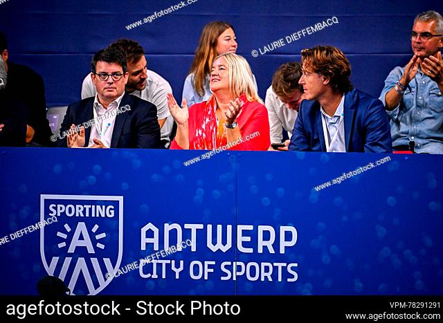 Tennium CEO Kristoff Puelinckx, Ilse Van Parys and European Open tournament director Dick Norman pictured during the singles final match between Bublik and Fils