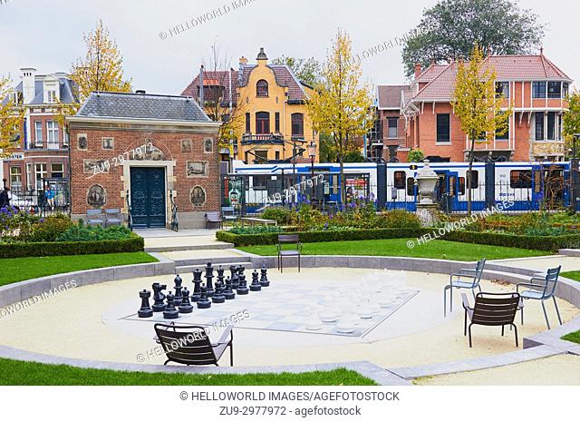 Giant chess board in Rijksmuseum Gardens, Museumplein (Museun Square), Amsterdam, Holland