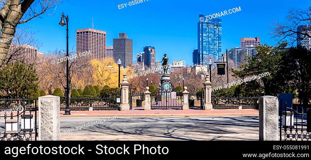 Panorama George Washington Statue sculpture monument in Boston Common Park between in Boston downtown crossing and Boston back bay district in Massachusetts of...