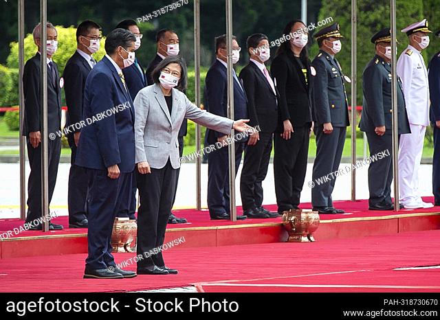Taiwan President Tsai Ing-wen (R) welcomes Republic of Palau President Surangel Whipps Jr. at Liberty Square in Taipei, Taiwan on 06/10/2022 Palau is one of 13...
